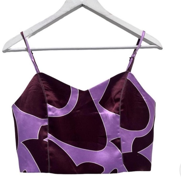 NWT House of Harlow 1960 Burgundy Purple Retro Print Satin Cami Crop Top Medium - Picture 2 of 8